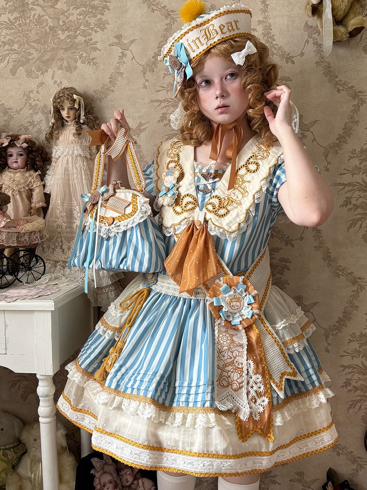 Striped Low Waist Sailor Lolita Dress with Embroidered Collar - Twin Bear Original Design