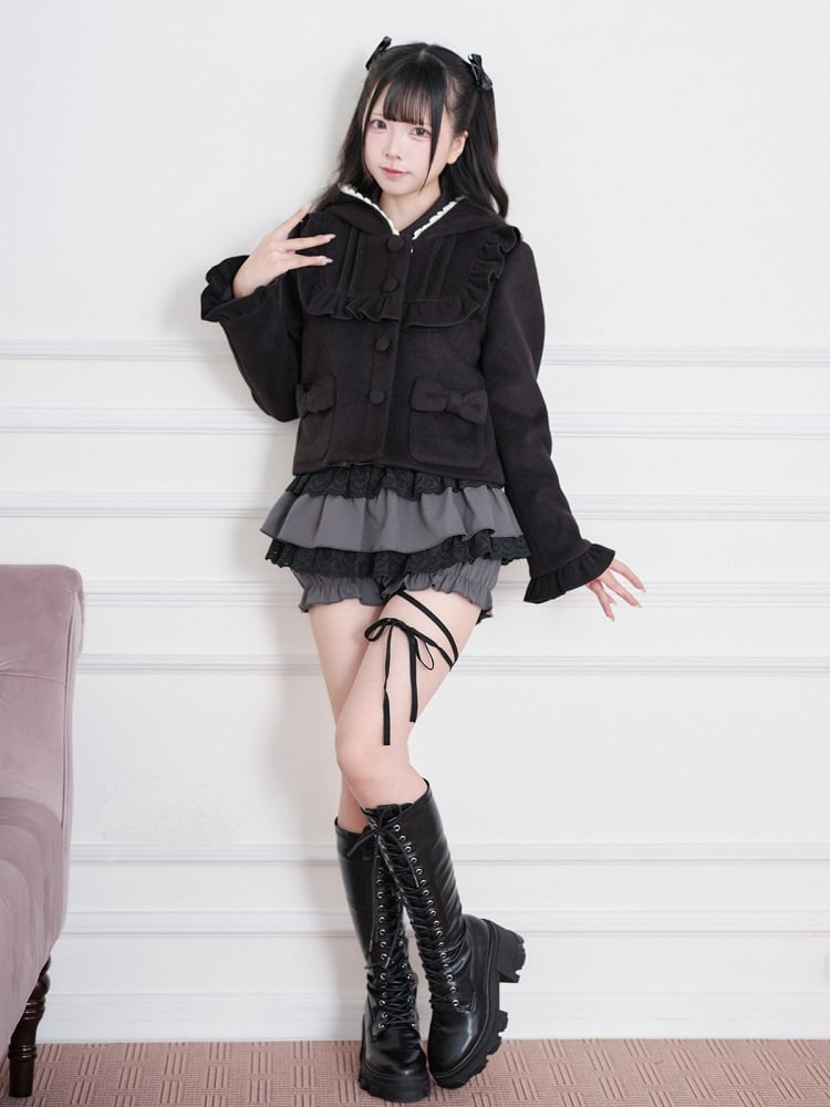 Black Jirai-Kei Wool-Blend Short Hooded Jacket, Ruffled Detail - No Genki