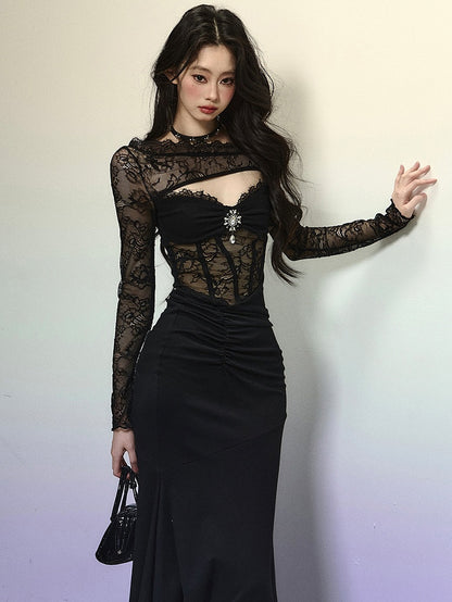 Black Asymmetrical Neckline Semi-sheer Lace Bodice Mermaid Skirt Patchwork Dress Evening Gown
