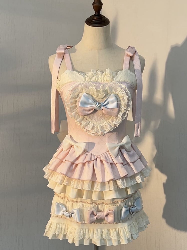 Ärmel Cami Cropped Puff Top + Set Lolita Pink und süßer blauer Rock - Full Accents Bow