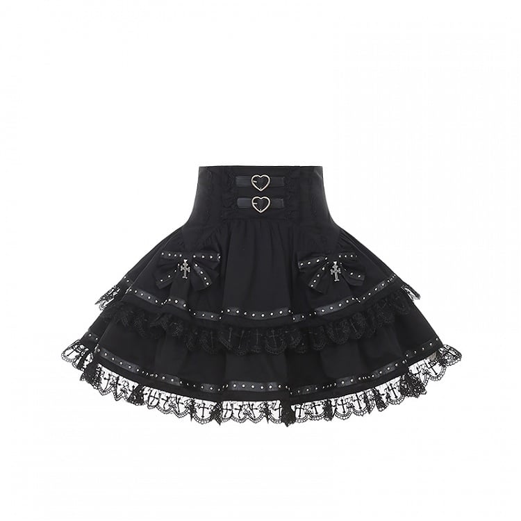 High-Waisted Skirt with Tiered Cross-Stitch Lace  Leather Strap Jirai Kei Black