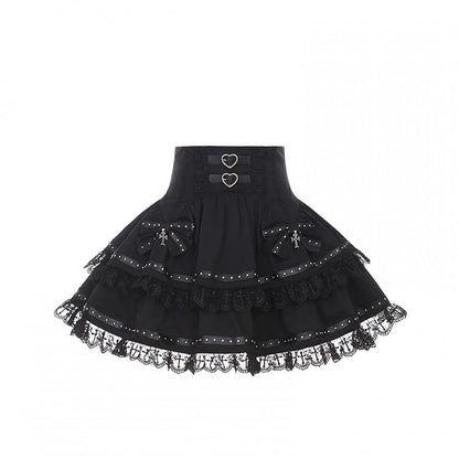 High-Waisted Skirt with Tiered Cross-Stitch Lace  Leather Strap Jirai Kei Black