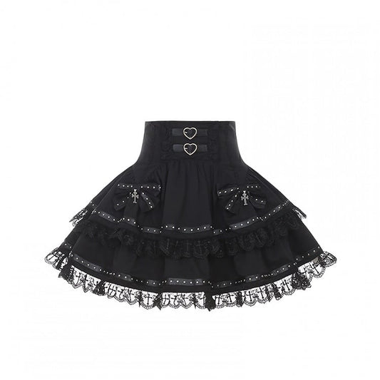 High-Waisted Skirt with Tiered Cross-Stitch Lace  Leather Strap Jirai Kei Black