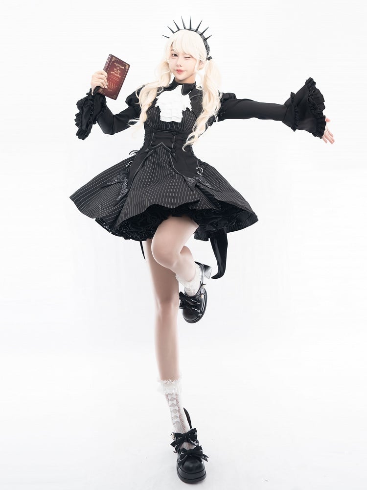 Schwarzes Lolita-Kleid mit Streifenmuster + Weste + kurzes Oberteil, komplettes Set