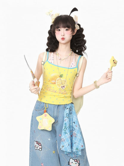 Sweet Cool Kawaii Yellow Fake Two-Piece Halter Camisole Top with Star and Lemon Prints - Languid Park