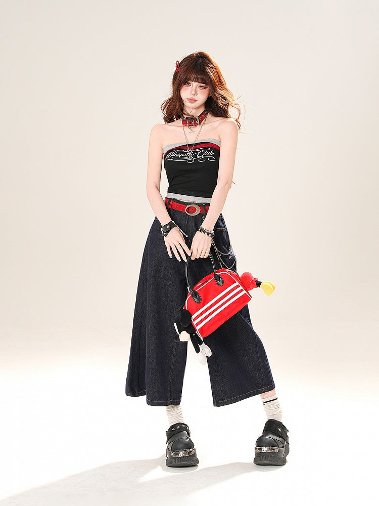 ネイビーブルー/ブラックレタープリントクロップドストラップレストップ