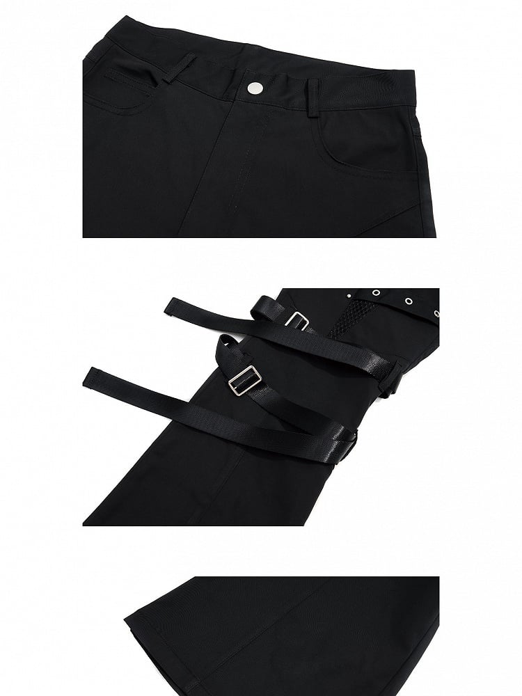 Black Batik Distressed Flared Jeans with Strap Accents - Nova nexus