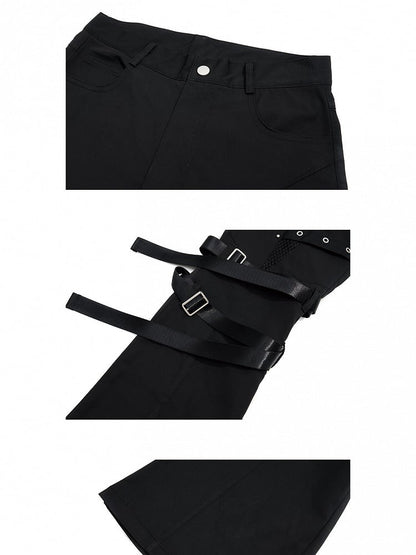 Black Batik Distressed Flared Jeans with Strap Accents - Nova nexus