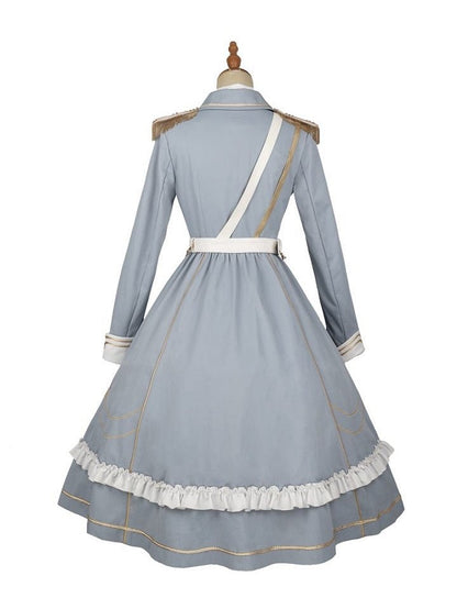 Military with Hem Buttons Blue and Ruffled Dress White Lolita Gold-tone