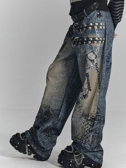 Wide-Leg Cuff Blue Belt Black + Charm Y2K Print Punk Cross Splatter with Jeans