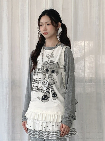 Colorblock Round Neck Long Sleeve Ruffle Hem Top with Cartoon Print - Solkatt
