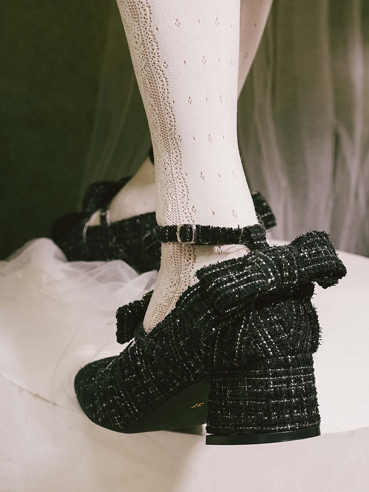 Design Lolita Black Accents Square with Bow Elegant Toe T-strap Shoes