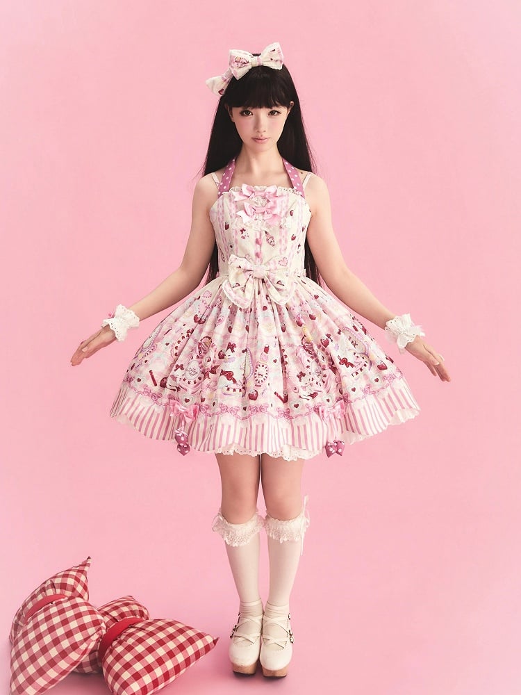 Cream Sweet Lolita Halter Neck JSK Dress with Cosmetics and Cat Print - Pastry Chef