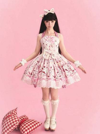 Cream Sweet Lolita Halter Neck JSK Dress with Cosmetics and Cat Print - Pastry Chef