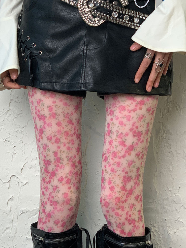 Y2K Rose Red Floral Print Tights