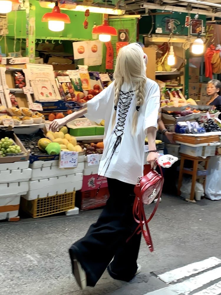 Back Lace-up T-shirt Neck White Version Round Long/Short