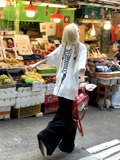 Back Lace-up T-shirt Neck White Version Round Long/Short