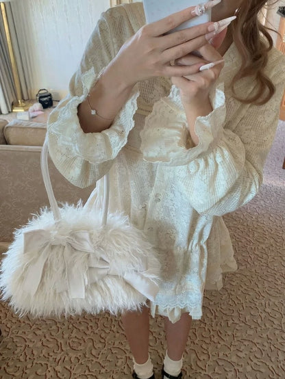 Elegant White Fluffy Bowknot Shoulder Bag - Lalacita