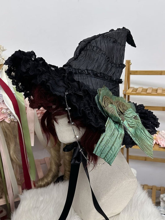 Witch Hat Details Roses Black/Green Lace Chains Black Large
