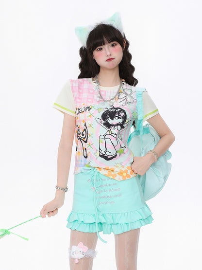 Slim-Fit T-shirt with Pink Cartoon Girl Print Blue/Apricot Plaid Patchwork