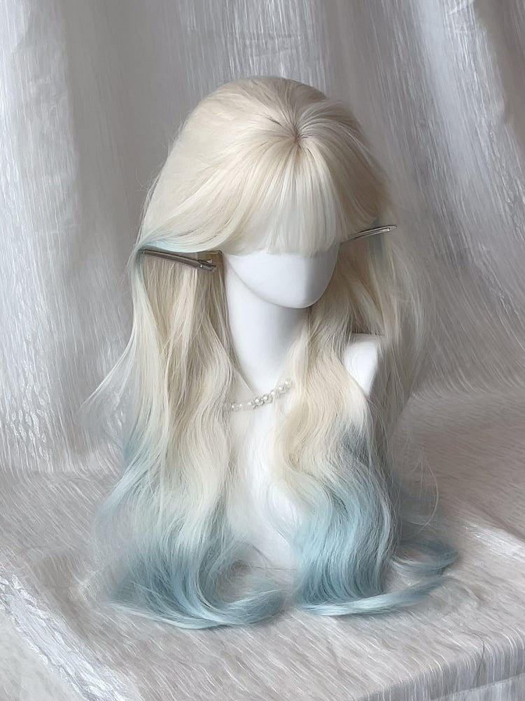 Bangs Wig Full 70CM Platinum Wavy with Blue Ombre Blonde