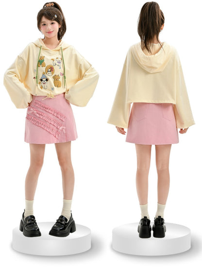 Apricot Plush Puppy Drawstring Waist Hoodie