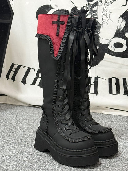 Gothic Red & Black Platform Knee-high Boots with Dual Closure, Studded Accents & Ruffle Trim | GURURU