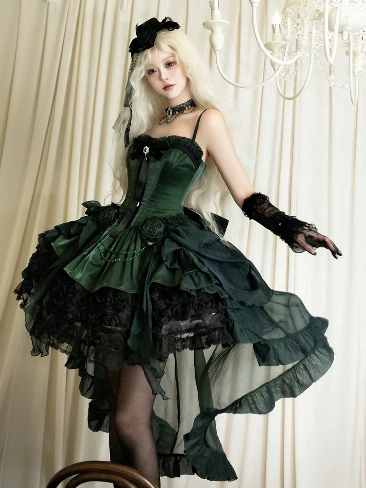 Black Lolita Bouquet Boned with Rose Dress Strapless Hem Green Gothic