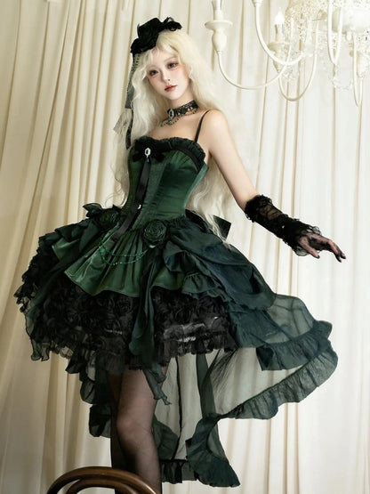 Black Lolita Bouquet Boned with Rose Dress Strapless Hem Green Gothic