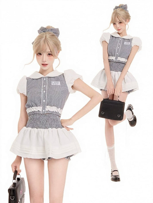 Black & White Gingham Peter Pan Collar Puff-Sleeve Blouse - serendipity