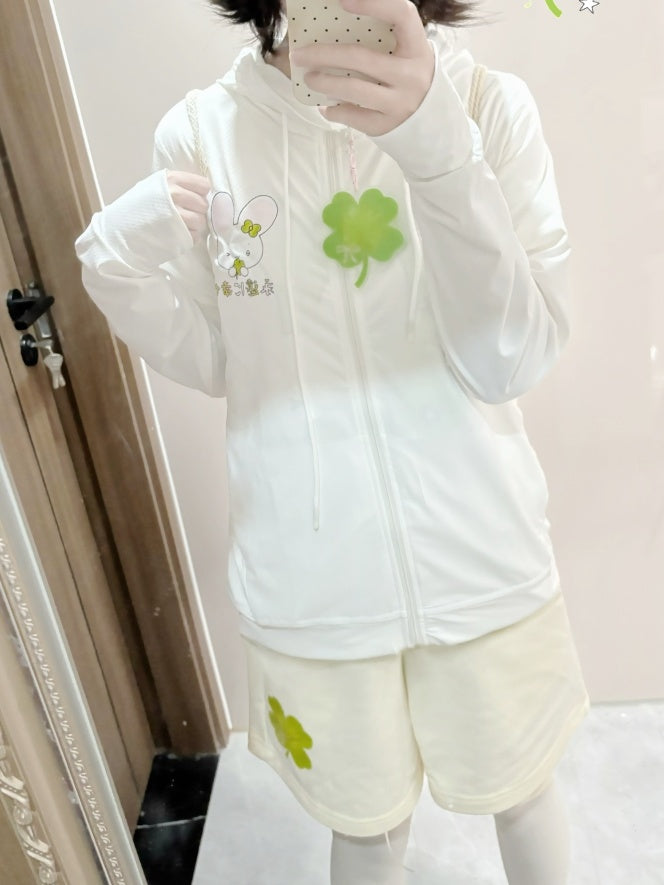 Weißer Kapuzenpullover mit Hasen-Print, Sonnenschutz, vierblättriges Kleeblatt, Jacke mit Charme
