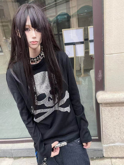 Unisex Black Round-Neck Breathable Tee with Silver Skull Rhinestones - DETW OnLine