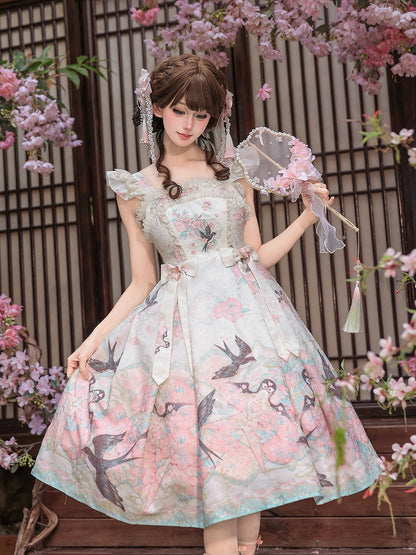 Swallow Kite and Peach Blossom Print Pink Chinoiserie Lolita Dress - Dream Magic Box