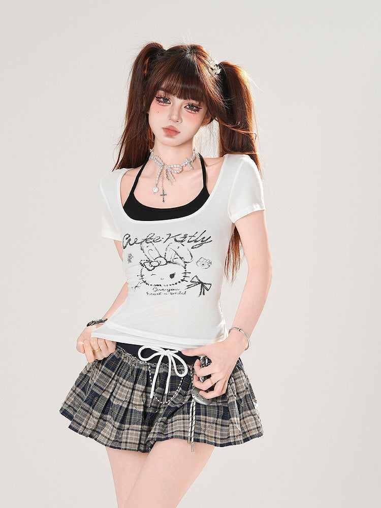 トップTシャツホルタープリントセットバニーレッド/ホワイトネックブラック