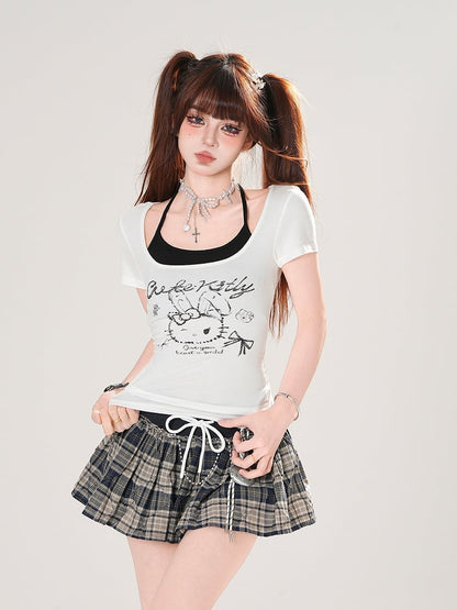 Black Drawstring Waist Mini Plaid Skirt