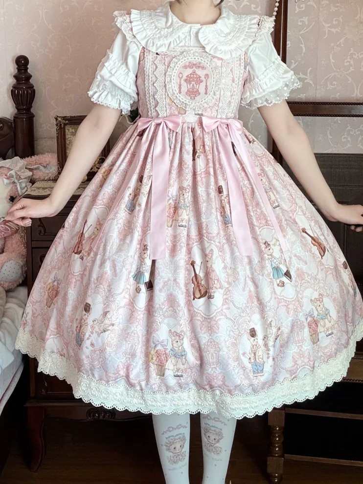 and Print JSK Dress Bunny Pink High Lolita Waist Sweet Violin