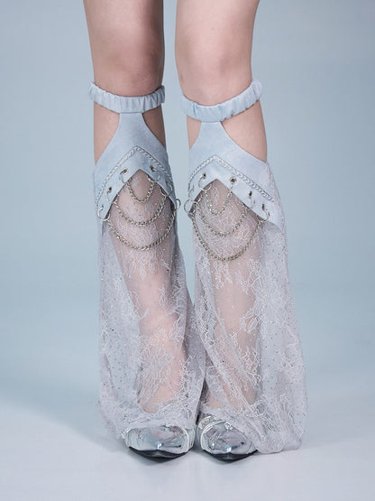 Punk Blue Cut-out Design Lace Leg Warmers with Chain Decoration - Virtual Orbit