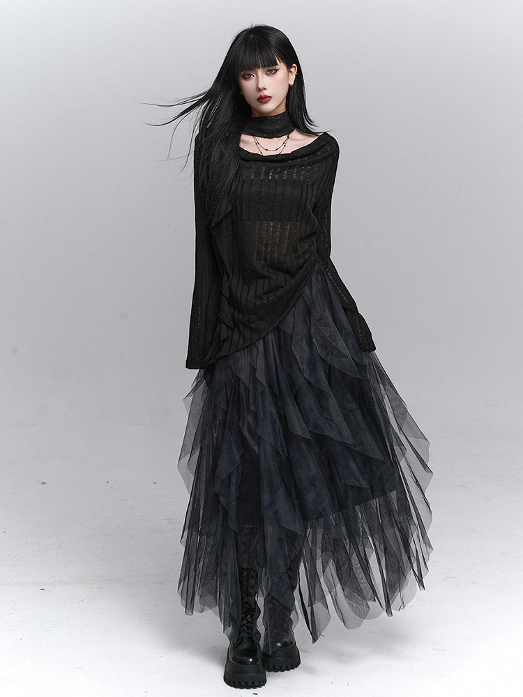 Slit with Top Knit Asymmetrical Neck Black Gothic Side Cowl