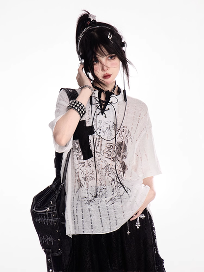 Y2K Holes Black/White Lace-up Mock Neck Distressed