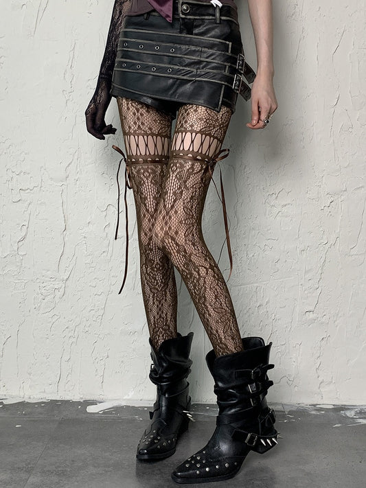 Cut-out Self-tie Coffee/Gray/Black/White/Purple/Blue Y2K Floral Pattern Design Tights Straps