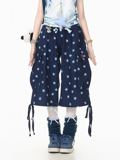 Casual Kawaii Blue Star Print Wide-Leg Cropped Cargo Pants with Drawstring Details