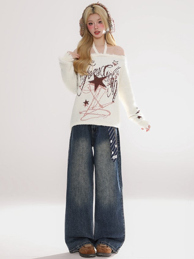 Dark Blue Faded Wash Wide-Leg Jeans with Detachable Blue Necktie Accent