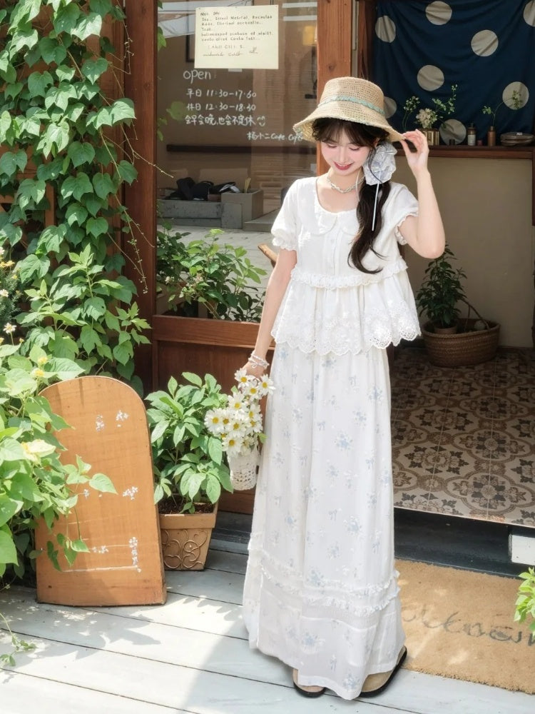 Blaue Blumenmuster-Version Weiße Chiffon-Taille Weite Beinhose Elastisch Normal/Kurz