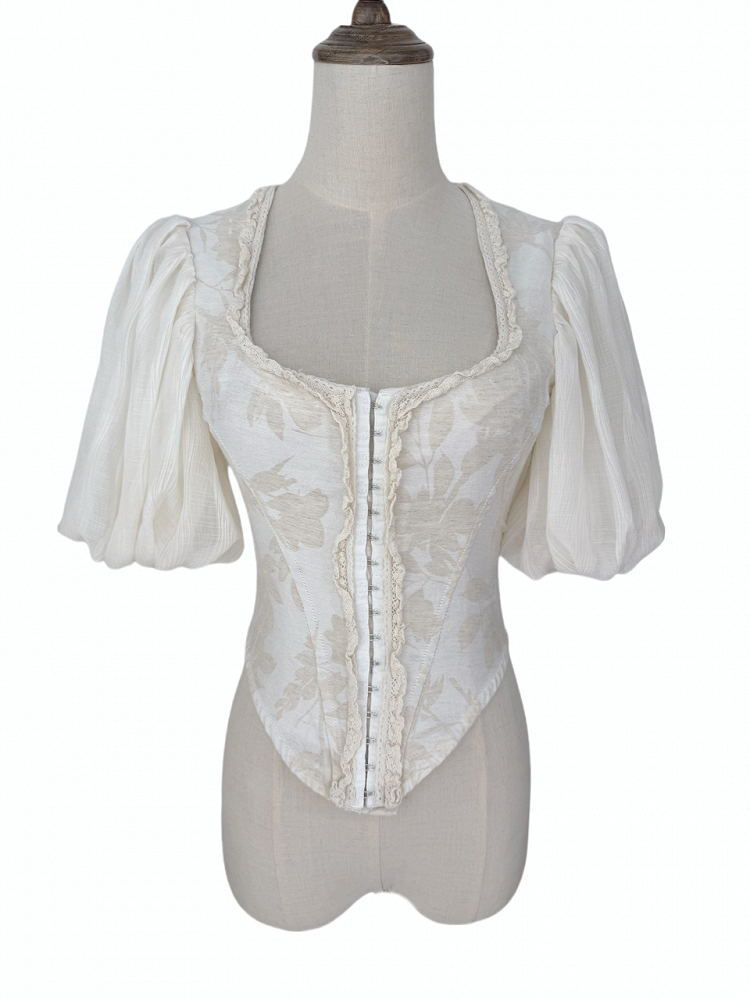 Apricot Puff Lace-Up Romantic Back Top Sleeve with