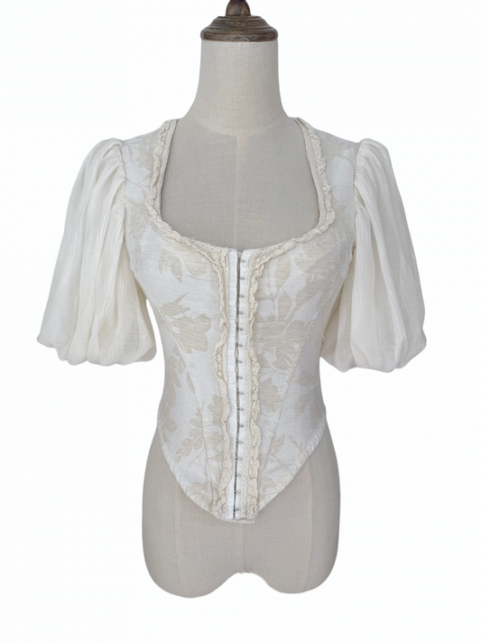 Apricot Puff Lace-Up Romantic Back Top Sleeve with