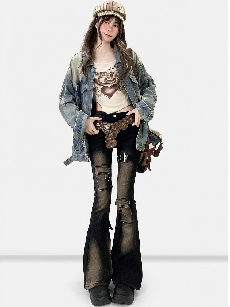Distressed Jacke Löcher Details Print Design Denim Blau Hell