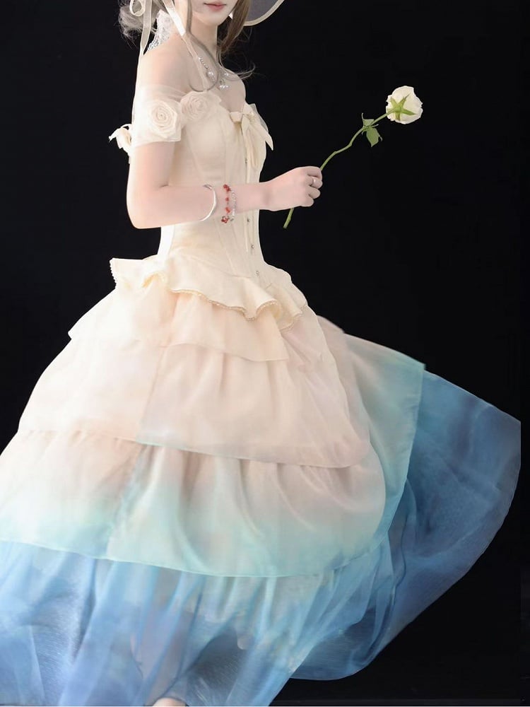 Lolita Wave-Inspired Beige Skirt Blue to Tulle Gradient Multi-Layered
