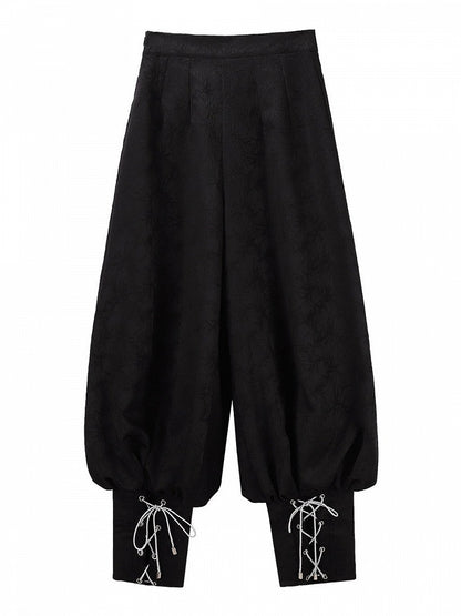 Black Lace-Up Long Trousers with Chinese Aesthetic - Unknown Star
