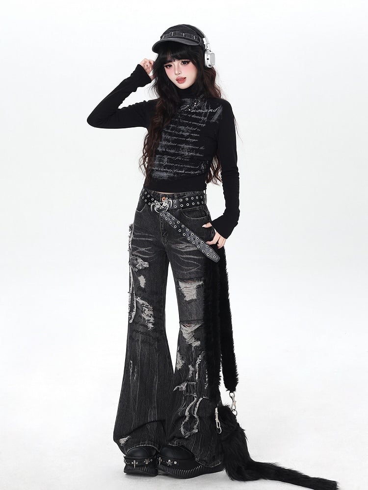 Thin Waist Top Letter with Fleece Black High-neck Ruched Print