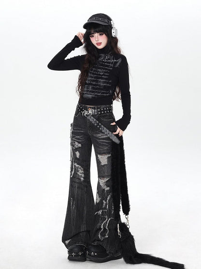Thin Waist Top Letter with Fleece Black High-neck Ruched Print